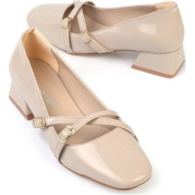 Resim Shoetek Elvinya Kadın Stiletto Kalın Topuklu Çapraz Bantlı Tokalı Küt Burunlu Ayakkabı Bej Rugan Bej Rugan 