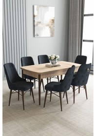 Resim Jusie Meşe Desen 80x132 Açılabilir Yemek Odası Takımı 6 Adet Sandalye Antrasit 
