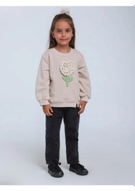 Resim Kız Bebek Örgü Çiçek Detaylı Sweathirt-14304 Bej 