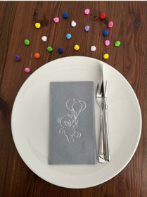 Resim Gümüş Yaldızlı Gri Sevimli Ayı Baskılı Garson Katlama Peçete 16 Adet 