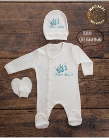 Resim yzc home size dair... E66 T Ekru Renk Isme Özel Isimli Baskılı Bebek Tulum Şapka Eldiven Set Hastane Çıkışı 
