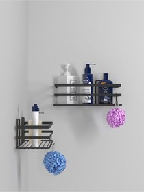 Resim Ömür Boyu Paslanmaz Yapışkanlı Banyo Düzenleyici Şampuanlık Tek Katlı Duş Rafı 2 Adet Siyah 