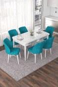 Resim Canisa Nef Serisi 70x114 Açılabilir Mdf Beyaz Mermer Desen Masa Takımı Ve 6 Turkuaz Sandalye 