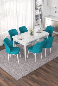 Resim Canisa Nef Serisi 70x114 Açılabilir Mdf Beyaz Mermer Desen Masa Takımı Ve 6 Turkuaz Sandalye 