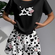 Resim Kadınların Sevimli Sığır Desenli Pijama Takımı - Yumuşak Kısa Kollu Üst 'Moo' Tasarımı ve Esnek Bel Şort, Uyku Giysileri için Rahat ve Bol Kesim, Tüm Mevsimler Pijama|Oyunca Desenli Üst|Poliester Kumaş 