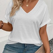 Resim Kadın Büyük Beden V Yaka Kısa Kollu Tişört, Rahat Polyester Karışımı, Düz Renk, Streç Örme Kumaş, Büzgülü Etek Ucu, Tüm Sezonlar İçin Şık Üst 