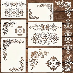 Resim 6 adet Vintage Damask Çelenk Stencil Seti - Ahşap, Tuval, Kağıt, Kumaş ve Zemin DIY El Sanatları için Tekrar Kullanılabilir, Yabani Çiçek ve Mobilya Şablonları, Duvar Stencil'leri, En İyi Noel için, En İyi Şükran Günü için 