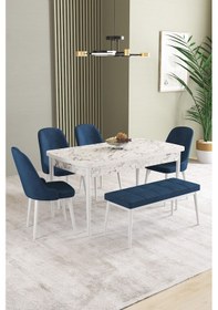 Resim Ikon Beyaz Mermer Desen 80x132 Mdf Açılabilir Yemek Masası Takımı 4 Sandalye, 1 Bench Lacivert 