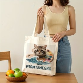 Resim Montenegro ilhamlı kanvas çanta, kedi ve dalga desenli - Şık kadın omuz çantası, evcil hayvan severler için mükemmel hediye, çok fonksiyonlu alışveriş sırt çantası, vintage tekstil çiçek sanatı, hafif ve dayanıklı, 15.75x13.8i 
