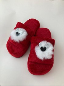 Resim Bmp Terlik Kırmızı Tüylü Peluş Çocuk Ev Terliği 
