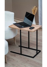Resim Uykula C Şekilli Laptop Sehpası Metal Ayaklı Ahşap Üst Tabla, Koltuk Altına Giren Modern Yan Sehpa Siyah 