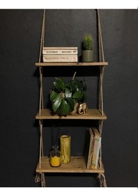 Resim O&Awood Halatlı Doğal Ahşap Dekoratif Duvar Rafı, 3 Katlı Ahşap Çiçeklik, (497954700) 