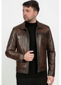 Resim Derije Mbappe Hakiki Deri Erkek Kestane Karartma Ceket-Mont 