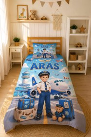Resim Evmila Karikatüristik Pilot Çocuk Temalı Nevresim Takımı - 200x220 cm Nevresim ( Çift Kişilik Özelleştirilmiş ) + 50x70 cm Yastık Kılıfı 2 Adet 