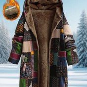 Resim Kadınların Rahat Polar Kapüşonlu Ceketi - Geometrik Desenli Orta Boy Kışlık Mont Cebi ile, Kahverengi ve Çok Renkli Tasarım, Sonbahar/Kış için Rahat Stil, Kışlık Mont 