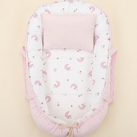 Resim Babynest ve Yastık - Çift Taraflı - Bebe Pembe Muslin - Pembe Ay 