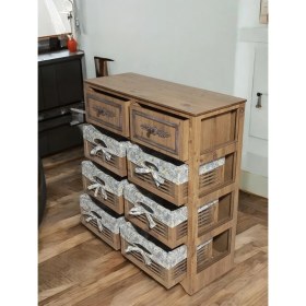 Resim Ahşap 8 Çekmeceli Hasır Görünümlü Yıkanabilir Bezli Sebzelik (Atlantik Çam) 