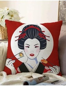 Resim RealHomes Çift Taraflı Suşi Yiyen Japon Kız Motifli Modern Raşel Örme Yastık Kılıfı, Sonil-K-5843-55x55cm 