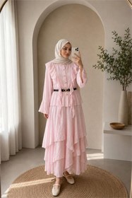 Resim Neşeli Butik kadın pudra fırfır detaylı üst kat kat volanlı etek ikili tesettür takım ---NBVQ3159 