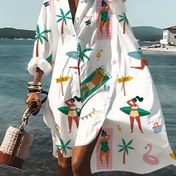Resim Kadınlar için Canlı Tropikal Baskılı Uzun Kollu Gömlek - Hafif Polyester, Yaka ve Düğmeli, Sörf Tahtası & Plaj Manzaralı Tasarım - Tatil, İlkbahar/Sonbahar Giyimi için İdeal 