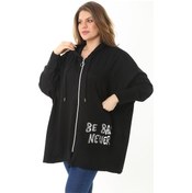 Resim Kadın Büyük Beden Siyah Ön Dermuarlı Lak Baskılı Kapşonlu Rahat Kesim Sweatshirt 65n37118-siyah Siyah 