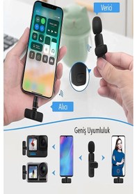 Resim Kablosuz Yaka Mikrofonu Type-c Lightning Uyumlu Vlogger Mikrofon İphone Android Uyumlu Set 