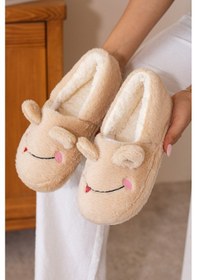 Resim Albishoes Kışlık Içi Tüylü Kadın Ev Ayakkabı Kurbağa Figürlü Kaydırmaz Rahat Taban Panduf Ev Botu Bej 