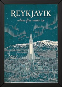 Resim Reykjavik Line Art Print - Teal Hallgrímskirkja Aurora Skyline Wall Art - Wooden Frame - White / 16 x 20" (40x50 cm) 