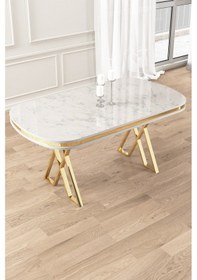 Resim Canisa Lai Serisi 90x168 Lak Panel Beyaz Mermer Desen Gold Ayak Masa Takımı 6 Krem Sandalye Beyaz Mermer Desen Masa Sandalyeler Krem 