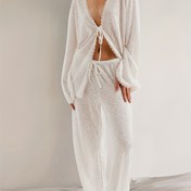 Resim Kadınlar İçin Düz Renk Yarı Şeffaf Kumaş V-Yaka Dantel Uzun Kollu Bel Bağcıklı Düz Paça Pijama Takımı 