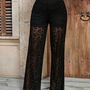 Resim Kadınların Dantelli Geniş Bacaklı Pantolonları, Düz Renk, Polyester, Örgü Kumaş, 100g/m², 50g/m², %100 Polyester, Tatil ve Günlük Seyahat için 
