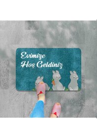 Resim Dijital Baskılı Kapı Önü Paspas Hoşgeldiniz Yazılı Çiçek Desen Ve Tavşan Iç Ve Dış Kapı Yıkanabilir Siyah Ve Mavi 