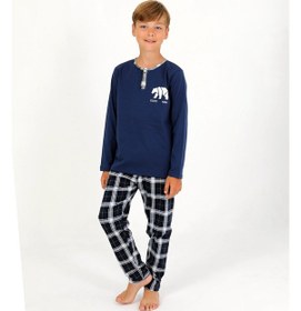 Resim Vitmo Erkek Çocuk Uzun Kollu %100 Pamuklu Düğme Detaylı Pijama Takımı Everest İndigo 