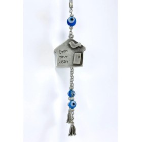 Resim El Yapımı Cam Nazar Boncuklu Metal Eskitme Ev Salkım Nazarlı Araba Dikiz Ayna Süsü 