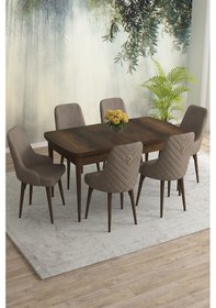 Resim Meri Serisi 80x132 Açılabilir Mdf Barok Ahşap Desen Masa Takımı 6 Antrasit Sandalye Cappucino 