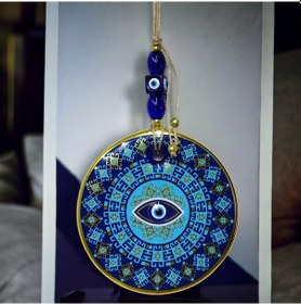 Resim Yaldızlı Turkuaz Renkli Göz Modelli Nazar Boncuklu Duvar Süsü Cam Duvar Dekoru 