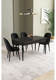 Resim Ikon Siyah Mermer Desen 80x132 Mdf Açılabilir Mutfak Masası Takımı 4 Adet Sandalye Siyah 