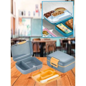 Resim Mavi Katlı Bölmeli Kilitli Saklama Kutusu ve Kaşık Seti, Okul ve Ev Için Uygun 