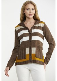 Resim Renk Bloklu Yünlü Düğmeli Triko Ceket - Sütlü Kahve 001 