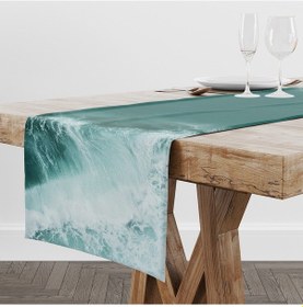 Resim Özge Okurer Runner Marin Dalga Desenli Keten Masa Örtüsü Runner 