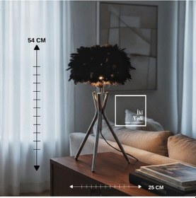 Resim Miava Siyah Tüylü Krom Ayaklı Masa Lambası 54 Cm Dekoratif Abajur Modern Ev Ofis Aydınlatma Hediye Krom Siyah 