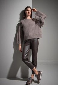 Resim Püskül Detaylı Simli Kahverengi Triko Kazak 