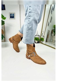 Resim Günlük Kadın Düz Süet Bot Oval Burunlu Toka Detaylı Tırtıklı Taban Kovboy Bot 281 Taba Süet Taba 