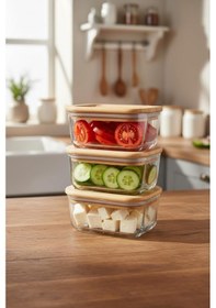 Resim Avenya Bambu Kapaklı 3'lü Cam Büyük Saklama Kabı 405 Ml X 3 1 