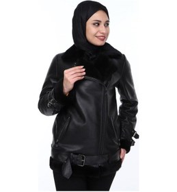 Resim Hakiki Kuzu Derisi Fermuarlı Kürklü Kemerli Kadın Deri Ceket Siyah Siyah 