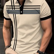 Resim Erkekler için Rahat Kısa Kollu Polo Gömlek - Beyaz ve Gri Çizgilerle - Nefes Alabilen Polyester, Düğmeli, Açık Hava Aktiviteleri ve Rahat Giyim için Mükemmel, Rahat Giyim|Çizgili Polo|Polyester Kumaş 