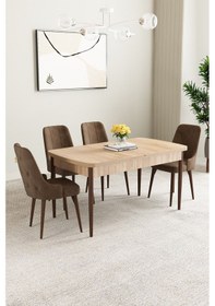 Resim Clara Meşe Desen 80x132 Açılabilir Yemek Odası Takımı 4 Adet Sandalye Kahverengi 