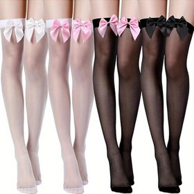 Resim 4 Çift Kadın Bowknot Diz Üstü Çorap - Siyah, Beyaz, Pembe ve Siyah ve Beyaz Renklerde Rahat Giyim, Kostümler ve Rol-Canlı Parti İçin Sevimli Çoraplar 
