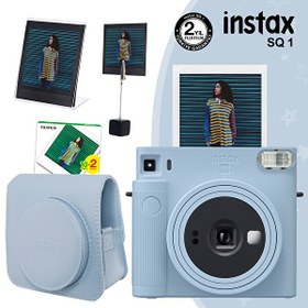 Resim Fujifilm Instax SQ1 Buz Mavi Fotoğraf Makinesi 20'li Kare Film Deri Kılıf Pleksi Çerçeve ve Kıskaçlı Stand 