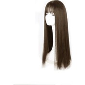 Resim Moveevo Uzun Düz Siyah Peruk Patlamalı Doğal Siyah Saç Perukları Kadınlar İçin Sentetik Isıya Dayanıklı Peruklar Kızlar İçin 